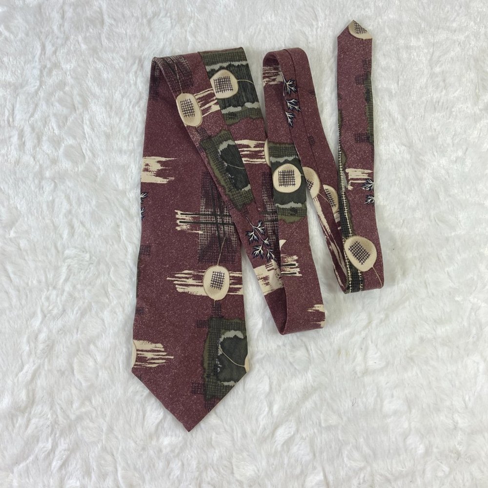 Robert Stock Mens Neck Tie Silk  Maroon Tan Abstract USA Sandwashed Soft